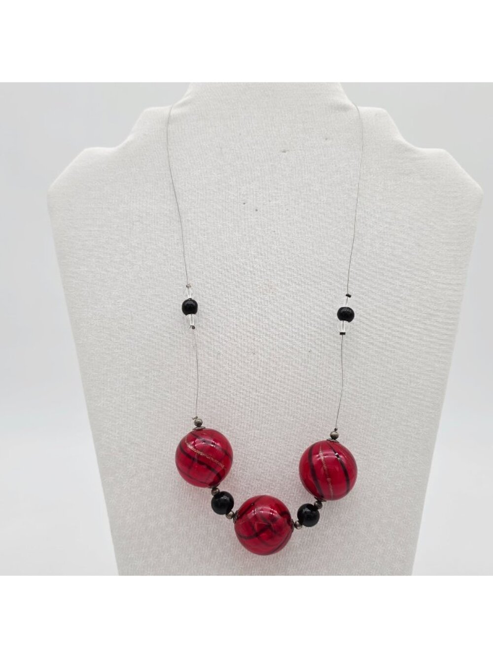 Handmade Red & Black Glass Bead Necklace With Lobster Clasp 20"